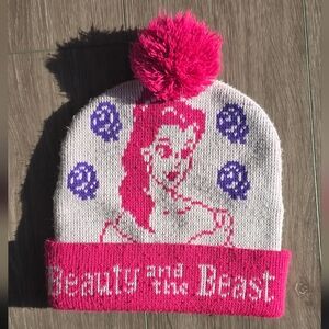Disney Beauty and the Beast Belle Womens Knit Pom Pom Beanie — Pink White Winter